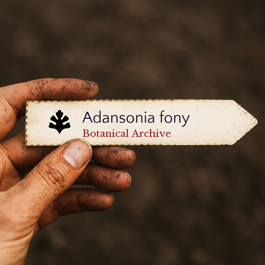 Etichetta stampata per pianta di Adansonia fony tenuta da mano sporca con sfondo sfocato di terreno