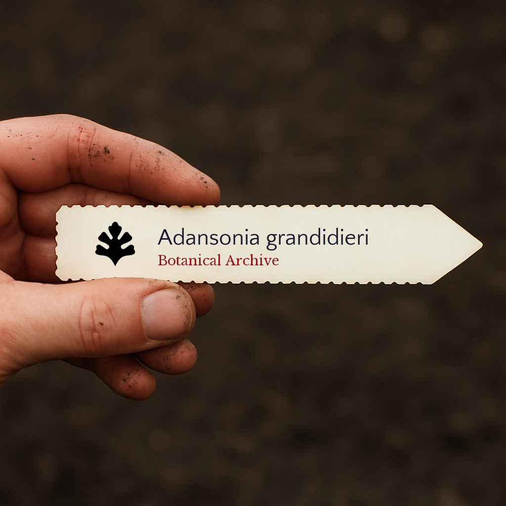 Etichetta stampata per pianta di Adansonia grandidieri tenuta a mano con sfondo di terra