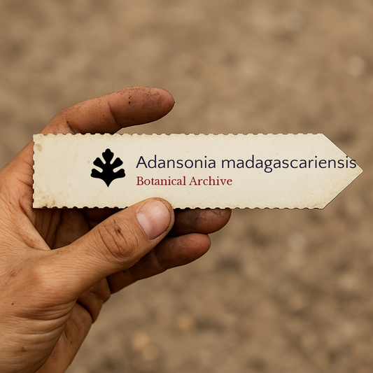 Etichetta stampata per pianta di Adansonia madagascariensis tenuta in mano con sfondo di terra