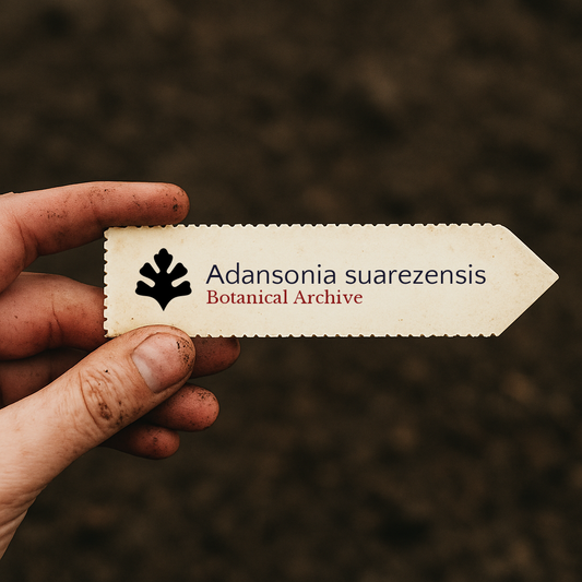 Etichetta per pianta stampata per Adansonia suarezensis con il logo di Botanical Archive tenuta a mano