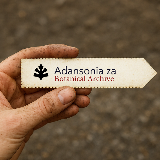 Etichetta stampata per pianta di Adansonia za Botanical Archive tenuta in mano con sfondo di terra