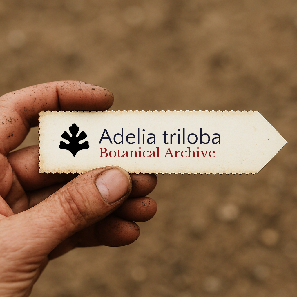 Etichetta per pianta stampata per Adelia triloba tenuta da una mano sporca con sfondo di terra