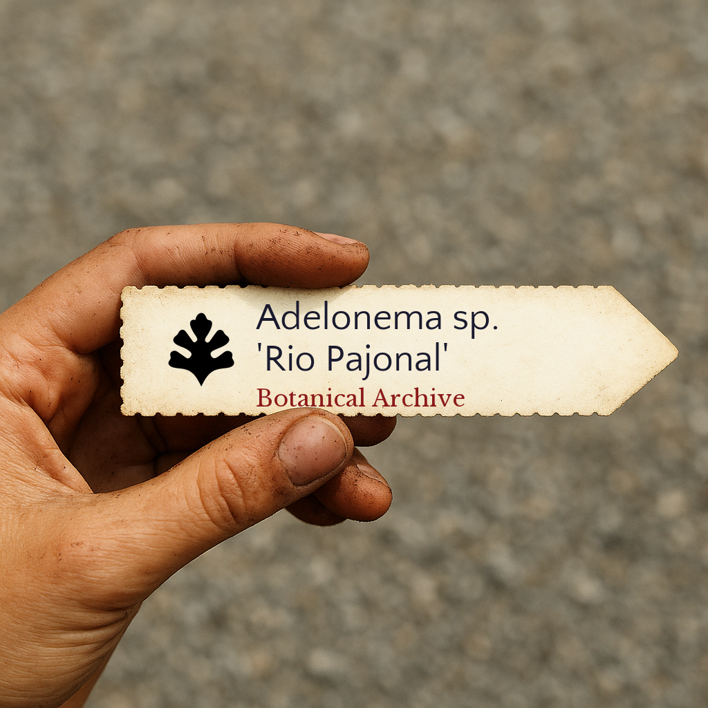 Printed plant label for Adelonema sp. 'Rio Pajonal' held in hand with dirt-stained fingers