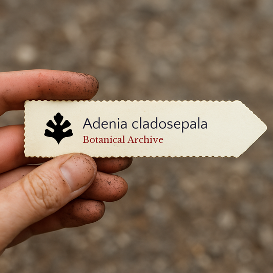 Etichetta per pianta stampata per Adenia cladosepala tenuta da una mano sporca con sfondo sfocato