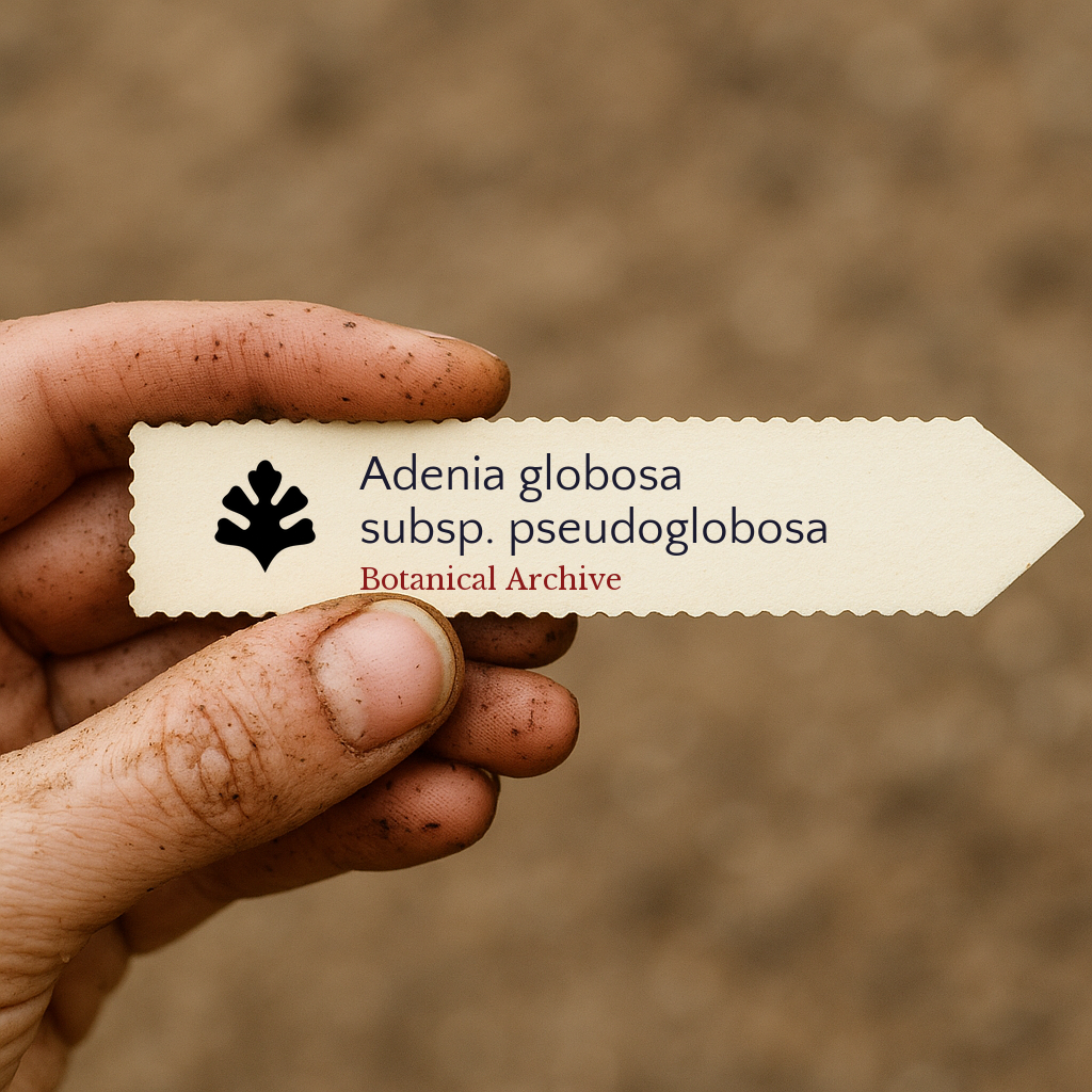 Printed plant label for Adenia globosa subsp. pseudoglobosa held by dirty hand outdoors