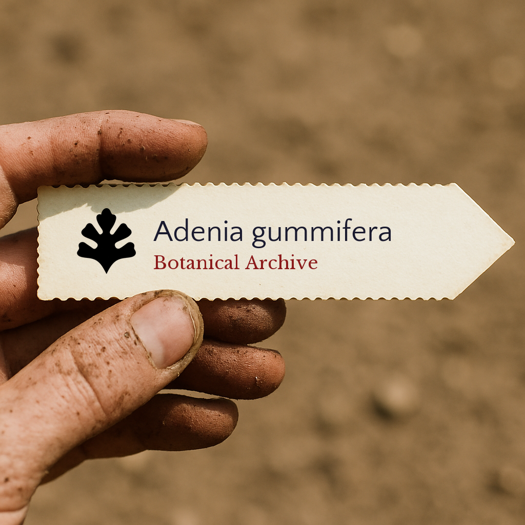 Printed plant label for Adenia gummifera held by dirty hand against soil background