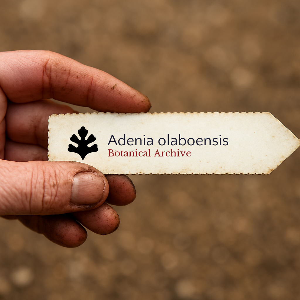 Printed plant label for Adenia olaboensis held by dirty hand with soil background