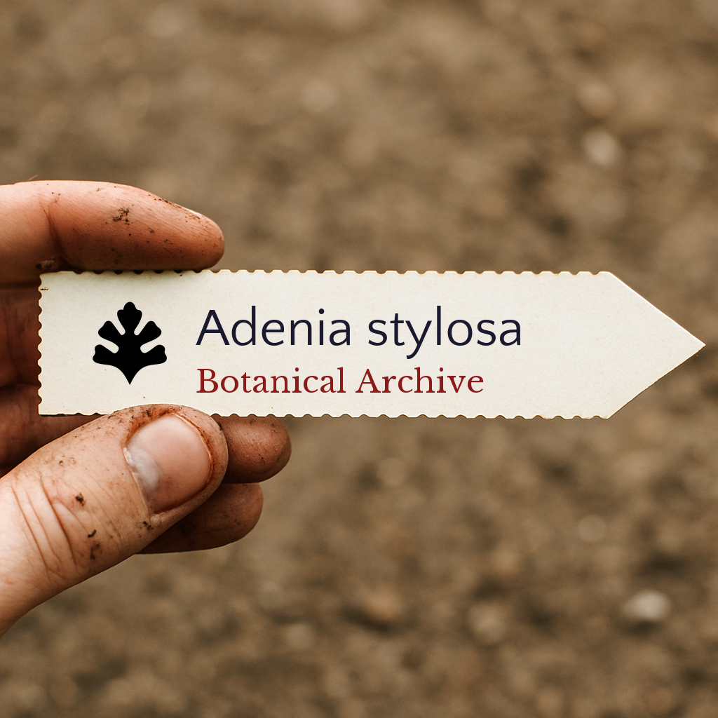 Printed plant label for Adenia stylosa held by hand with soil background