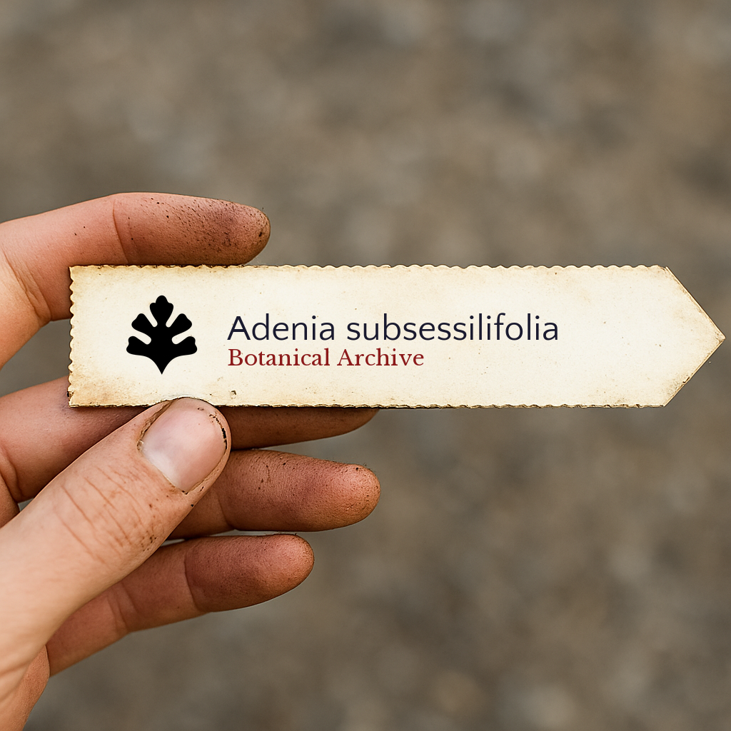 Etichetta per pianta stampata di Adenia subsessilifolia con il logo Botanical Archive tenuta a mano