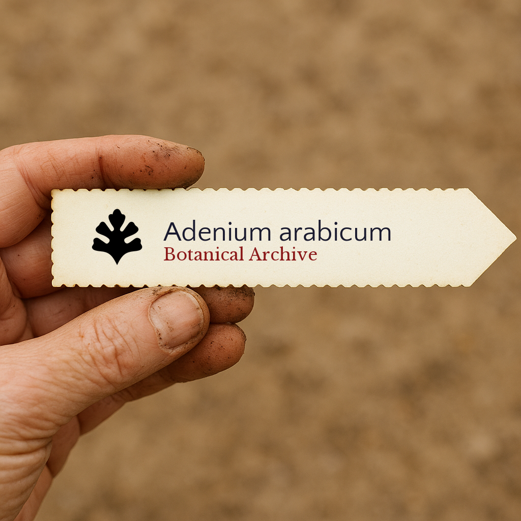 Printed plant label for Adenium arabicum with botanical archive logo held by hand
