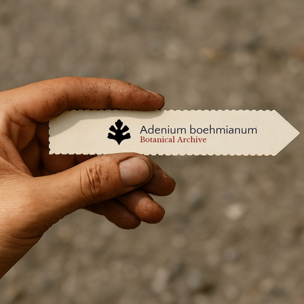 Printed plant label for Adenium boehmianum held by dirty hand outdoors