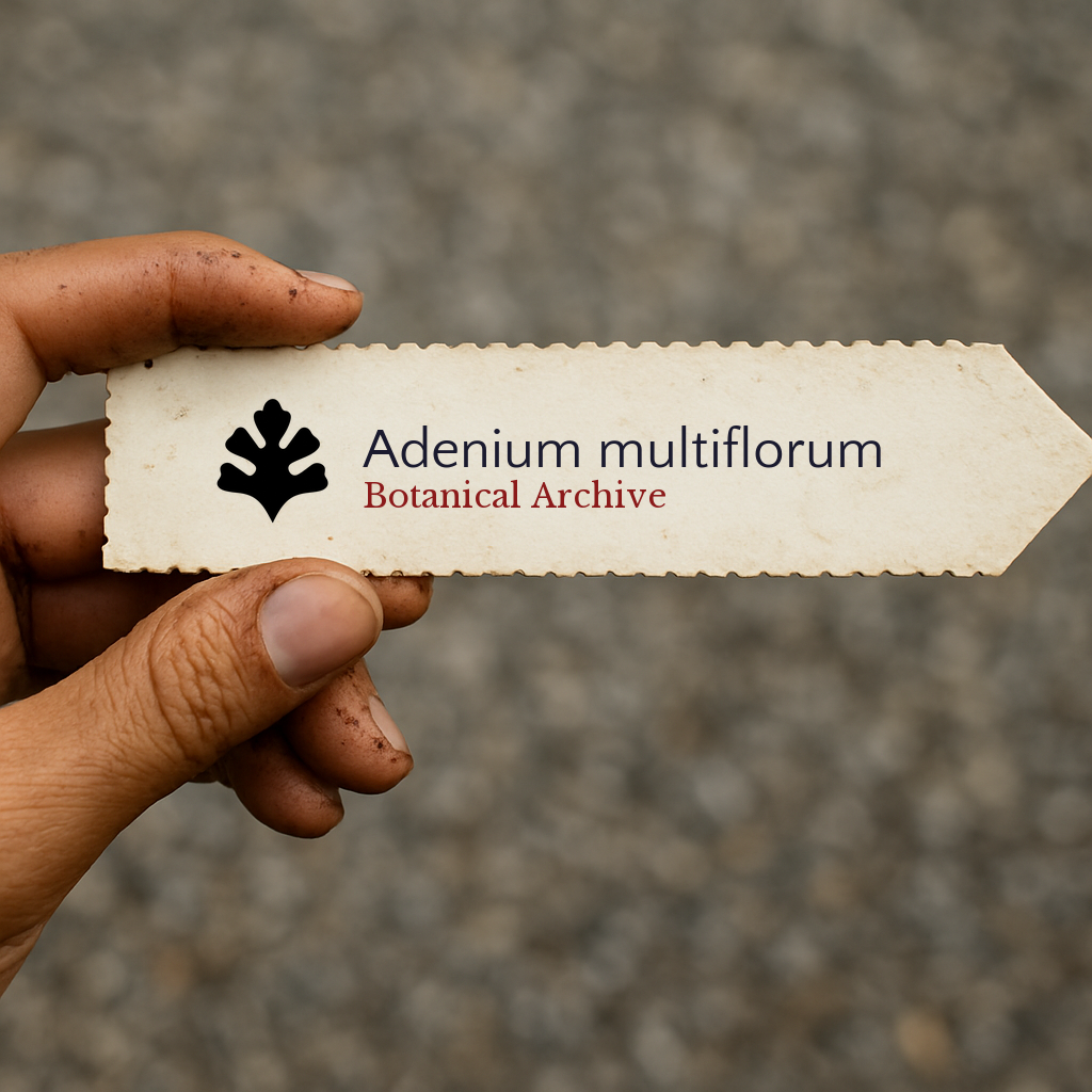Etichetta stampata per pianta di Adenium multiflorum con logo Botanical Archive tenuta in mano