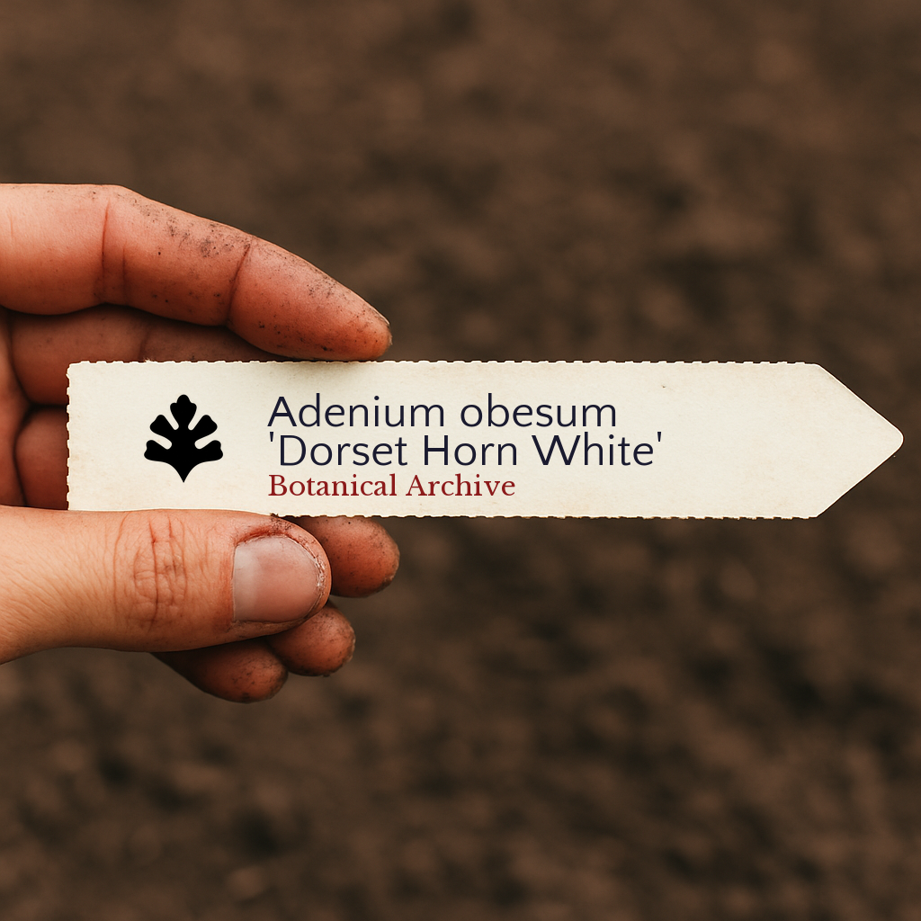 Etichetta stampata per pianta Adenium obesum 'Dorset Horn White' tenuta sopra sfondo di terra
