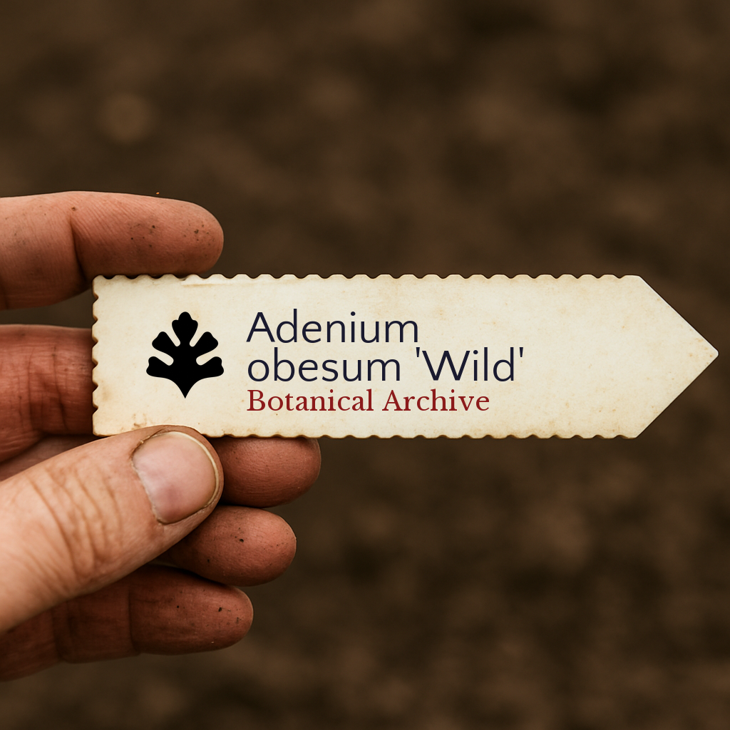 Printed plant label for Adenium obesum 'Wild' held by hand over soil background