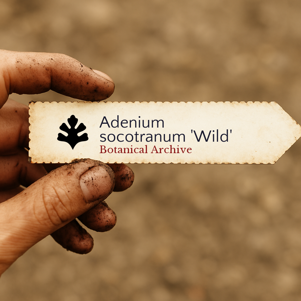 Etichetta per pianta stampata per Adenium socotranum 'Wild' tenuta da mano sporca all'aperto