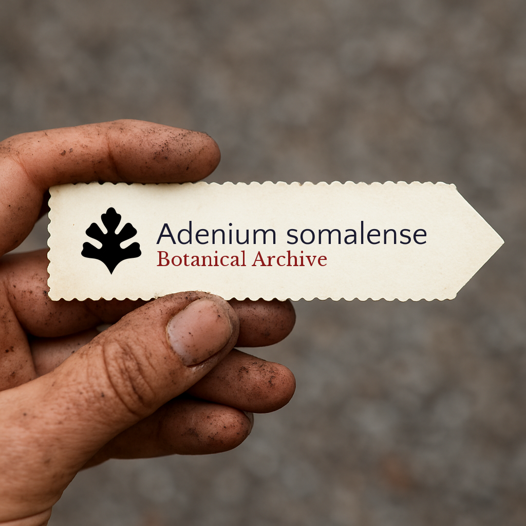 Printed plant label for Adenium somalense held by dirty hand outdoors