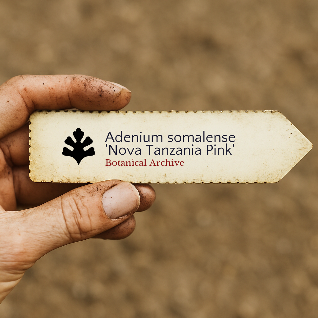 Etichetta per pianta stampata per Adenium somalense 'Nova Tanzania Pink' tenuta a mano con sfondo di terra