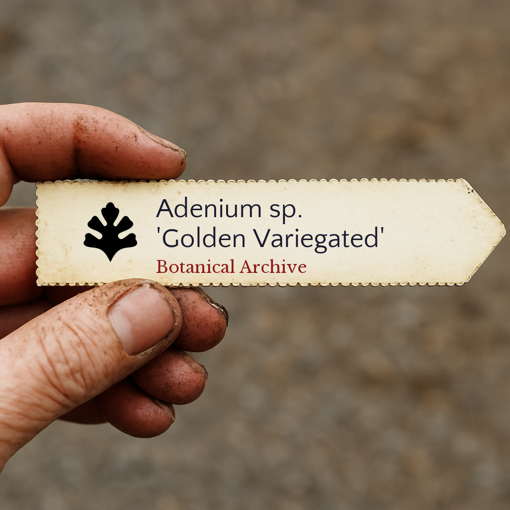 Printed plant label for Adenium sp. 'Golden Variegated' held by dirty hand outdoors