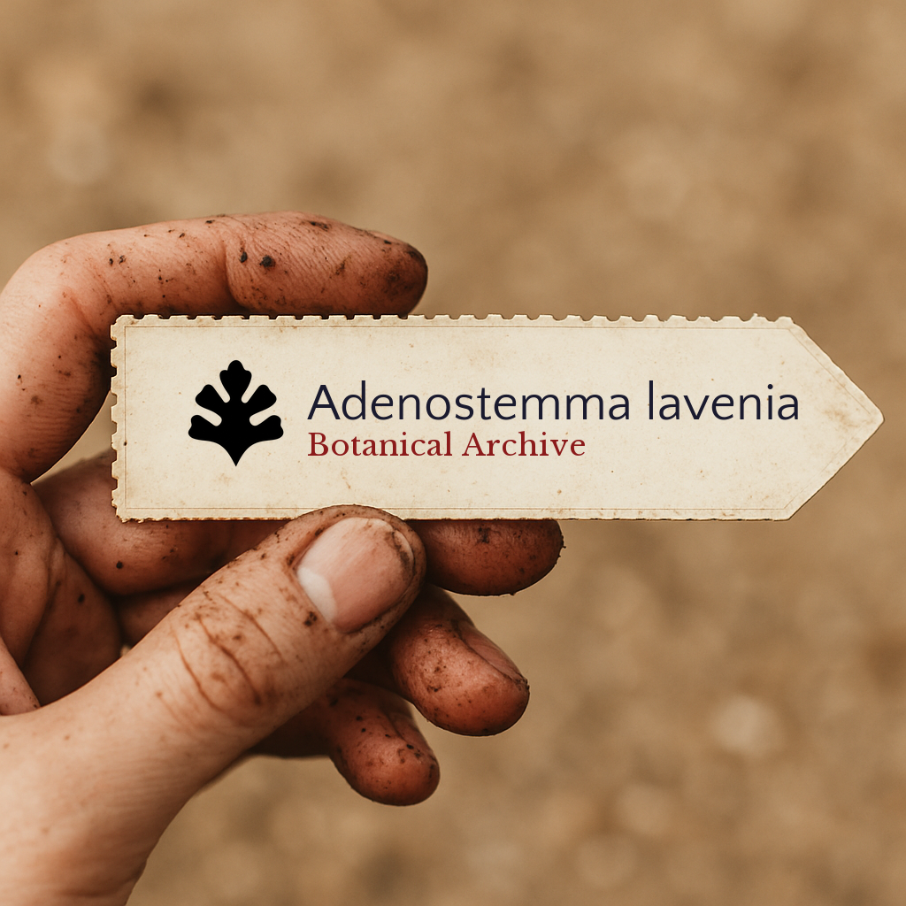 Etichetta per piante stampata per Adenostemma lavenia tenuta da una mano sporca all'aperto