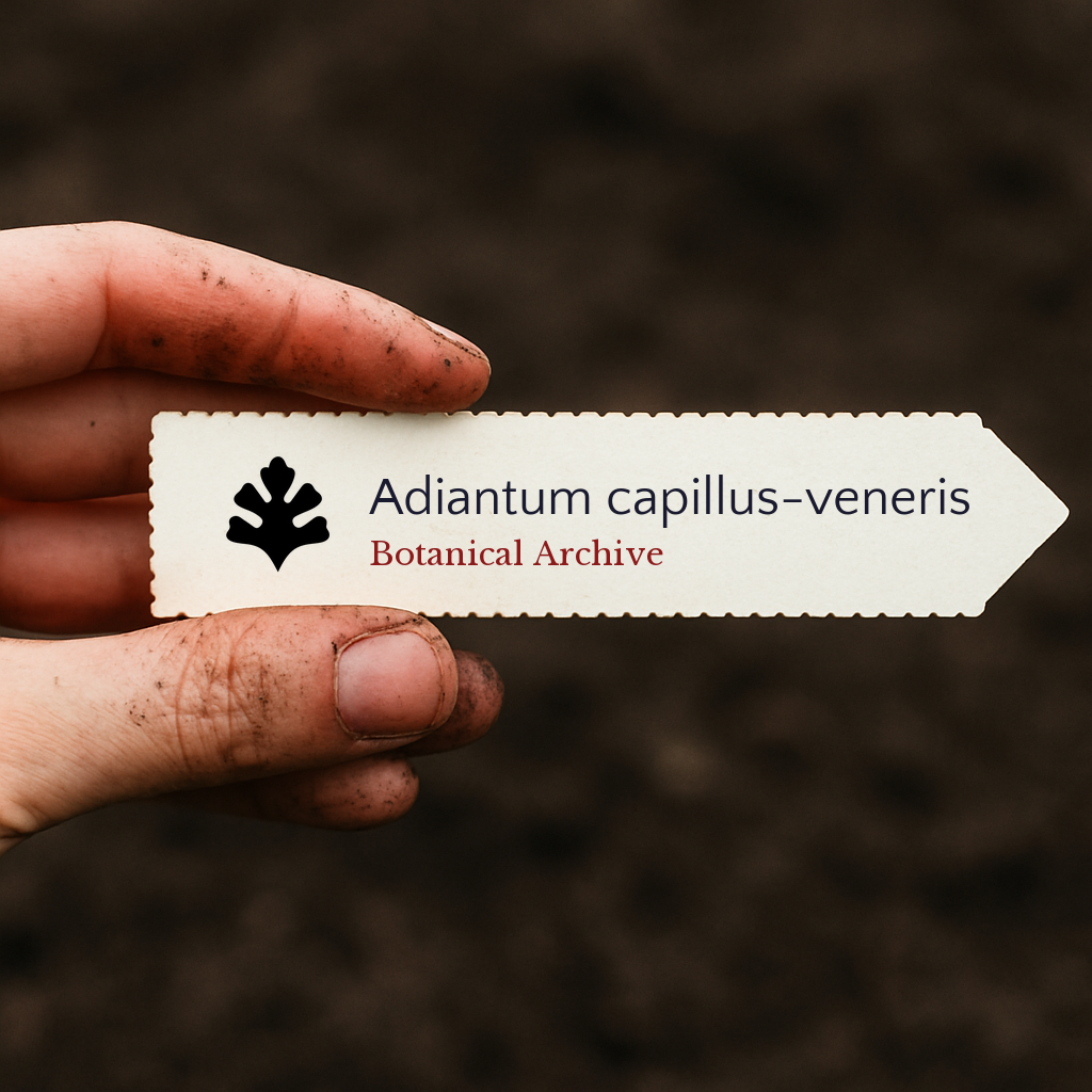 Etichetta stampata per pianta di Adiantum capillus-veneris tenuta da una mano sporca su sfondo di terreno
