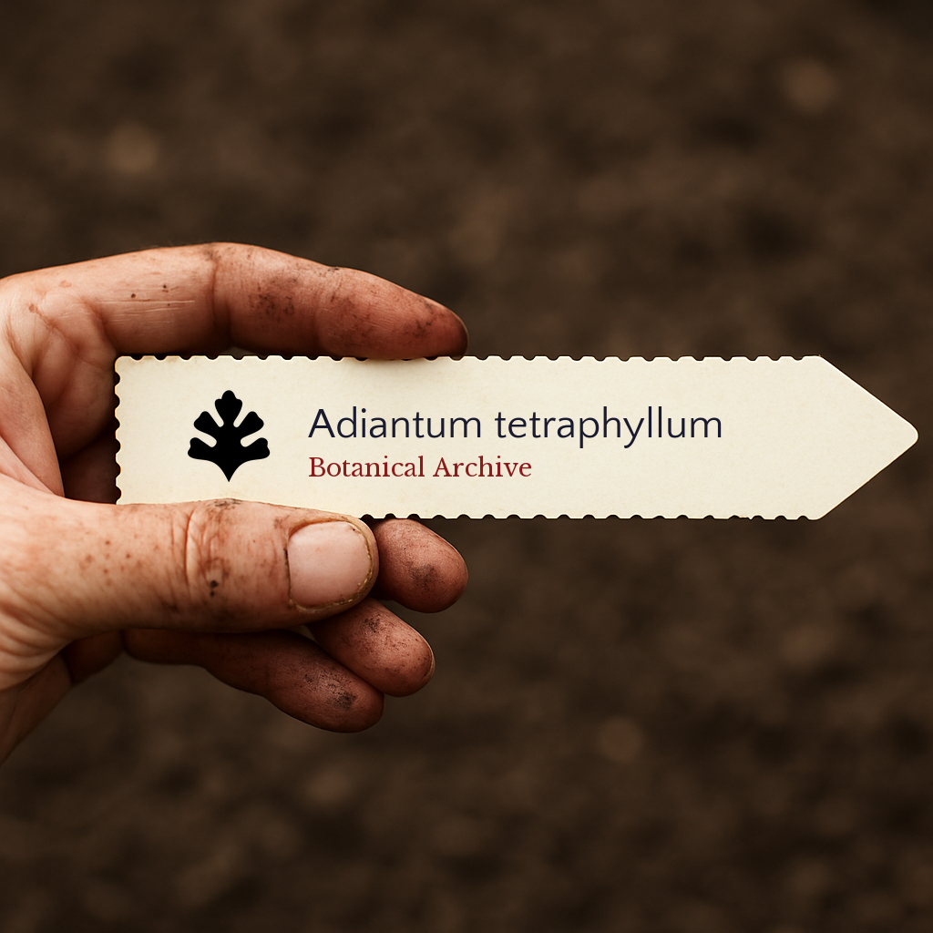 Printed plant label for Adiantum tetraphyllum held by dirty hand over soil background