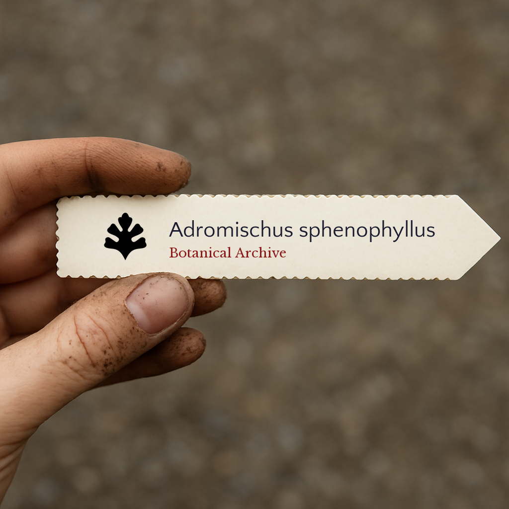 Printed plant label for Adromischus sphenophyllus held by dirty hand outdoors
