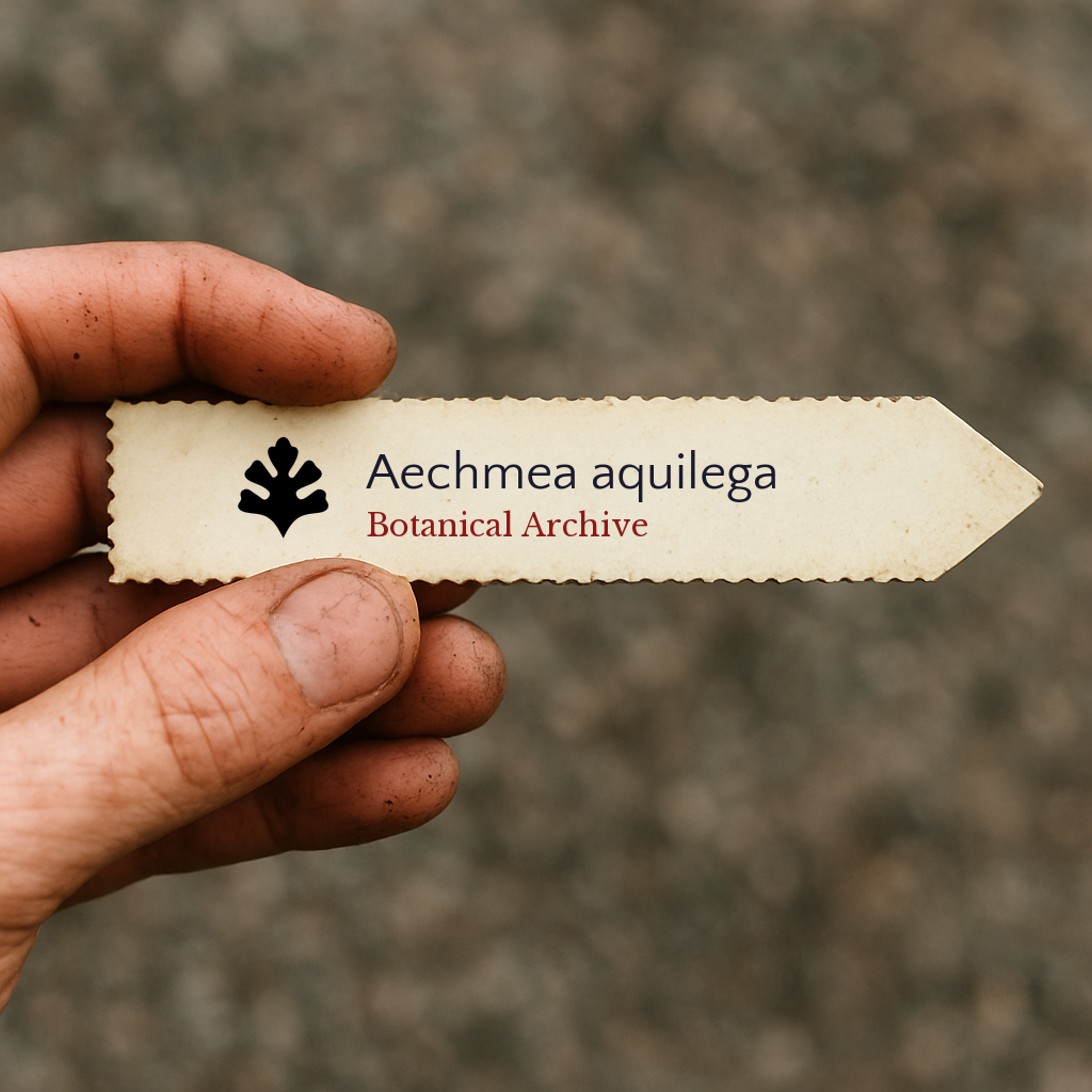 Printed plant label for Aechmea aquilega held by hand with dirt on fingers