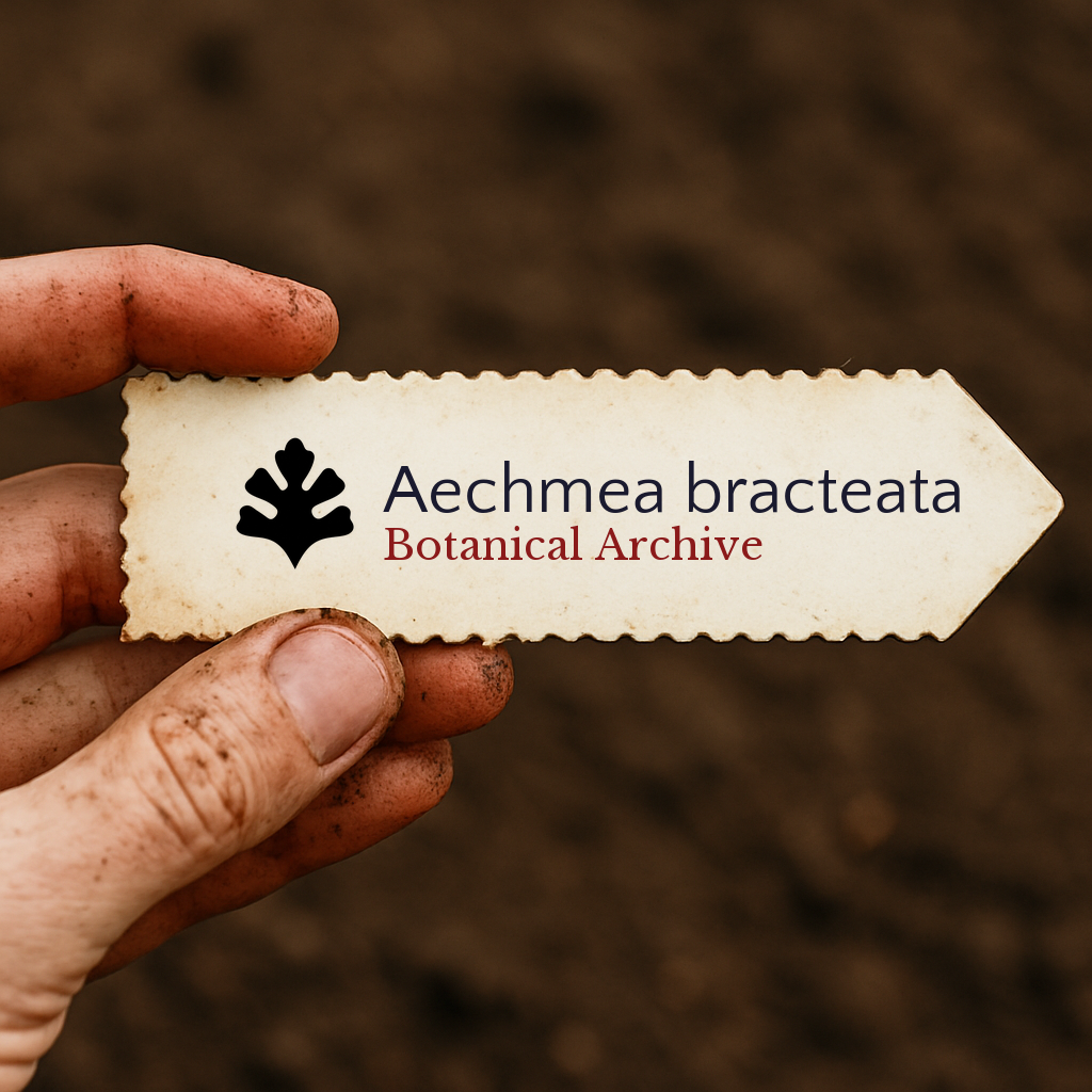 Printed plant label for Aechmea bracteata held by dirty hand over soil background