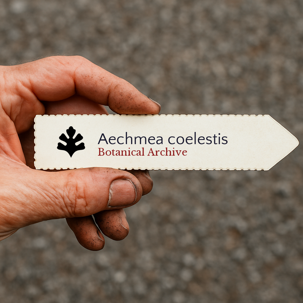 Printed plant label for Aechmea coelestis held by a hand with soil-stained fingers