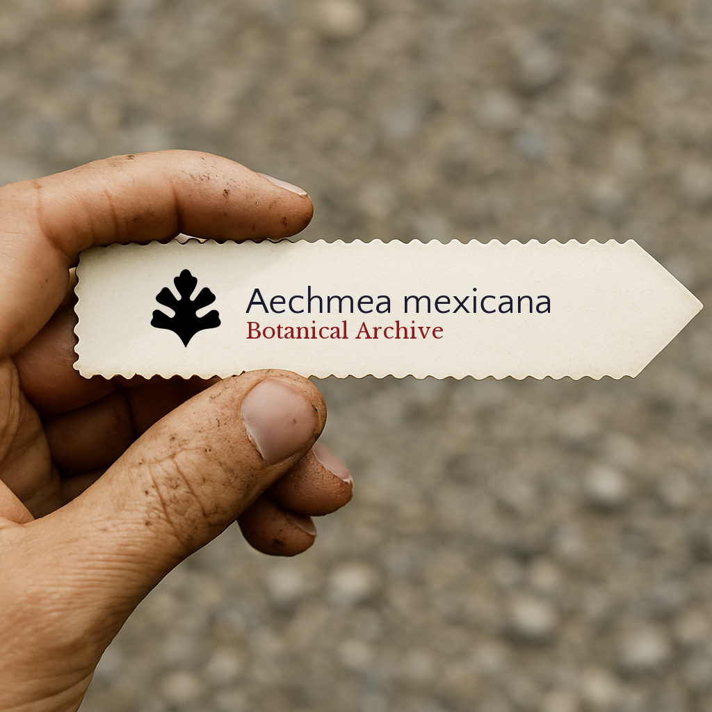 Printed plant label for Aechmea mexicana with botanical archive logo held by hand