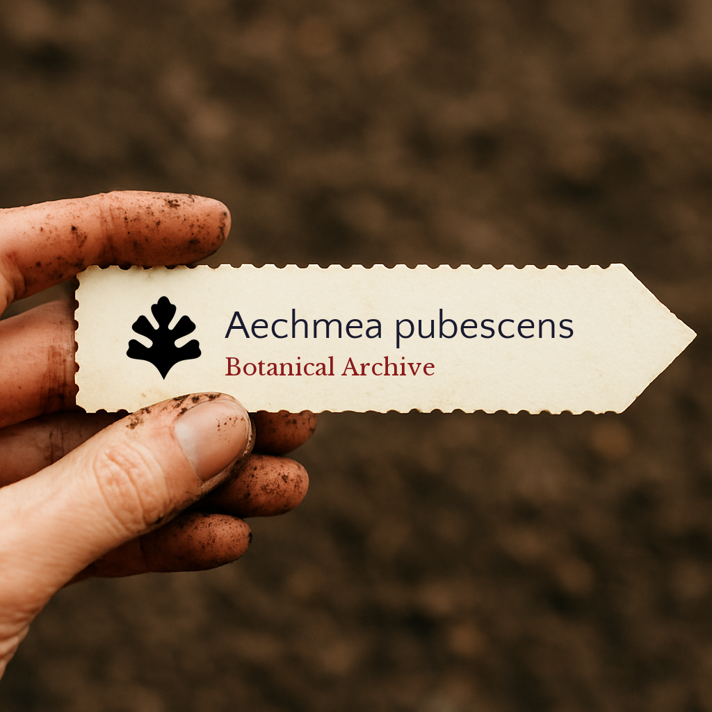 Printed plant label for Aechmea pubescens held by dirty hand over soil background
