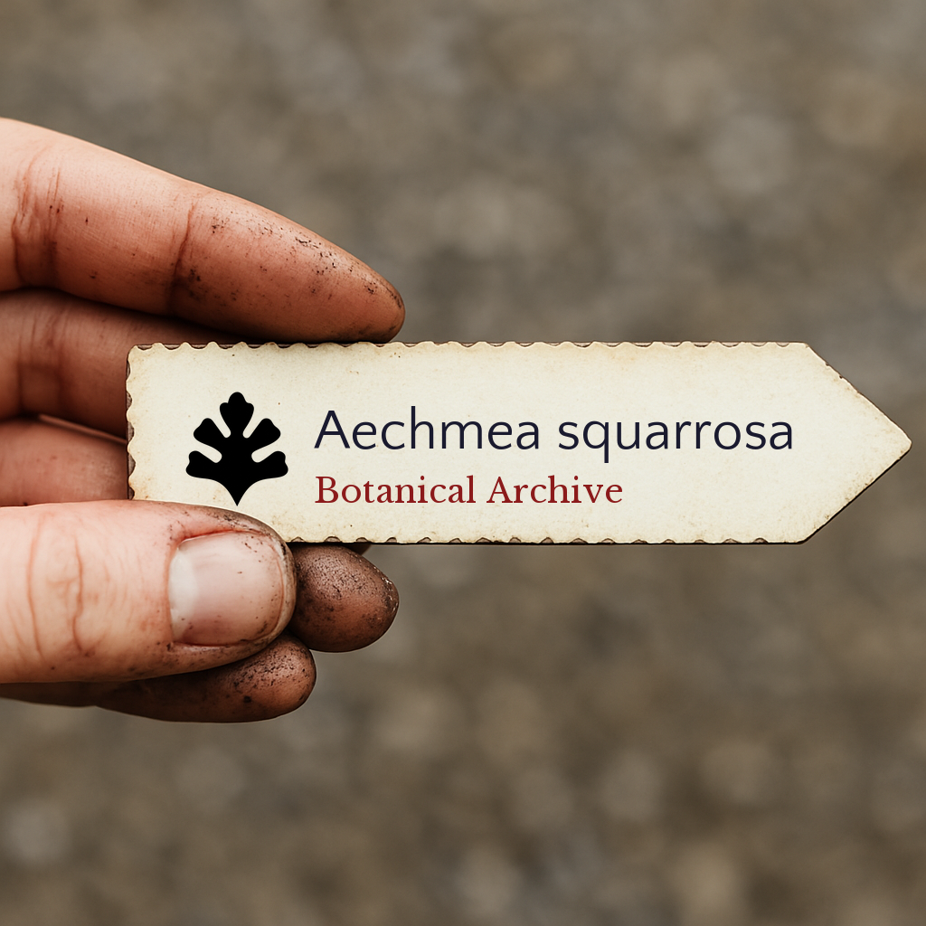 Printed plant label for Aechmea squarrosa held by hand with dirt-stained fingers