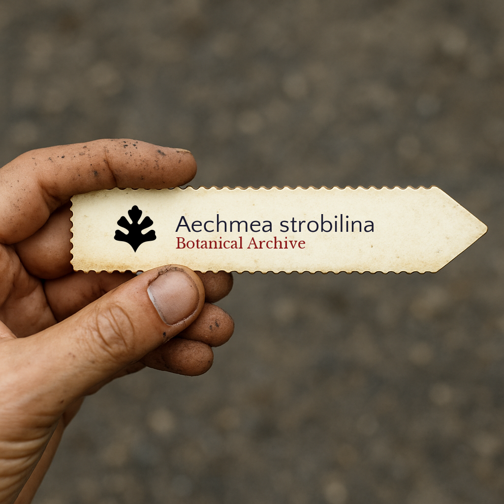 Printed plant label for Aechmea strobilina held by hand with dirt background