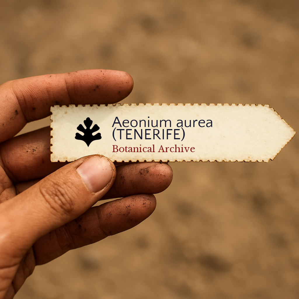 Printed plant label for Aeonium aurea Botanical Archive held by hand with soil background