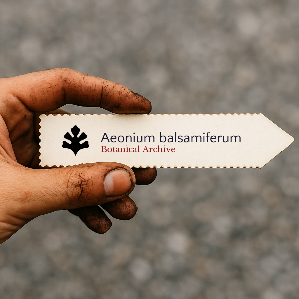 Printed plant label for Aeonium balsamiferum held by dirty hand on blurred background