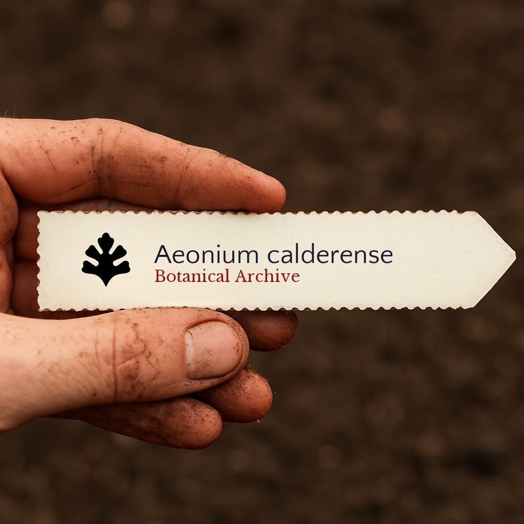 Printed plant label for Aeonium calderense held by dirty hand over soil background