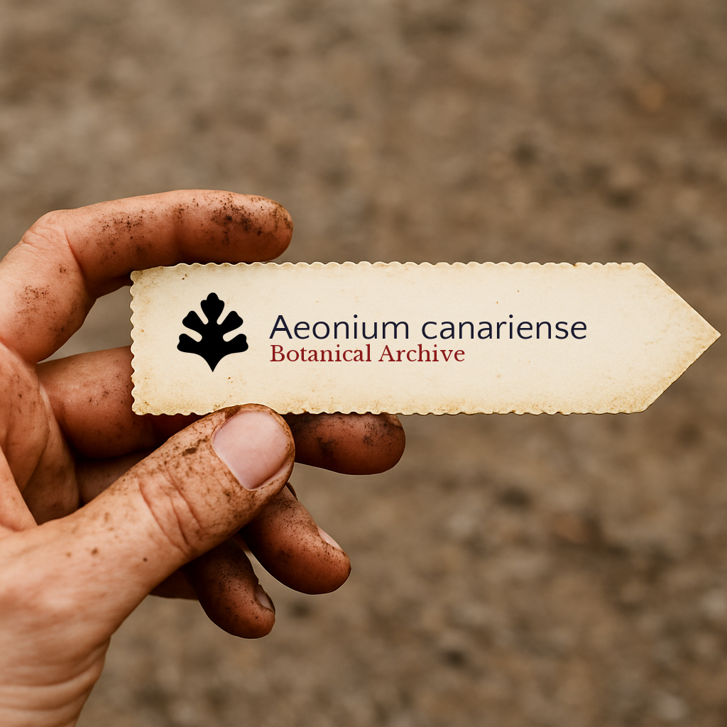 Etichetta per pianta stampata per Aeonium canariense tenuta da mano sporca all'aperto