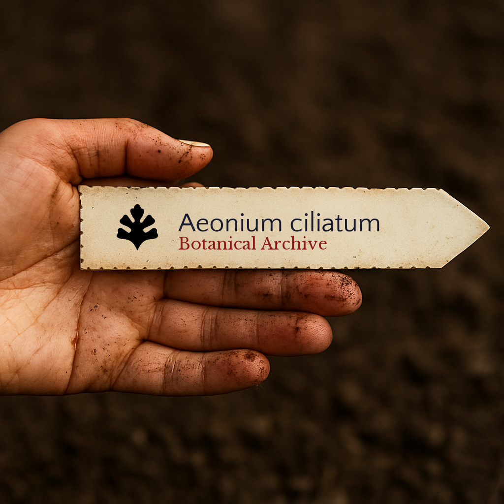 Printed plant label for Aeonium ciliatum held in dirty hand over soil background