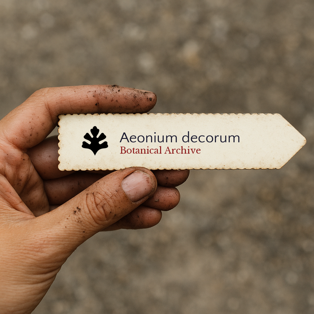 Printed plant label for Aeonium decorum held by dirty hand outdoors