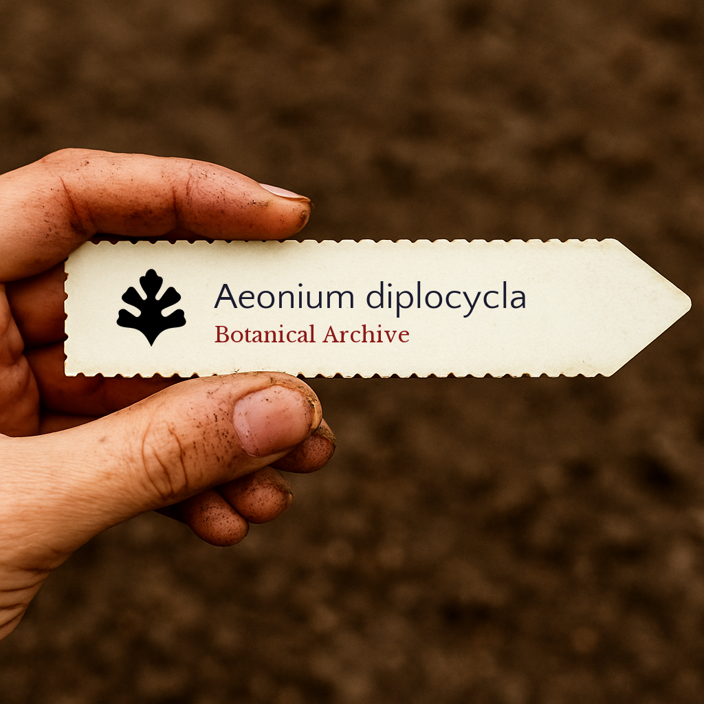 Printed plant label for Aeonium diplocycla held by dirty hand over soil background