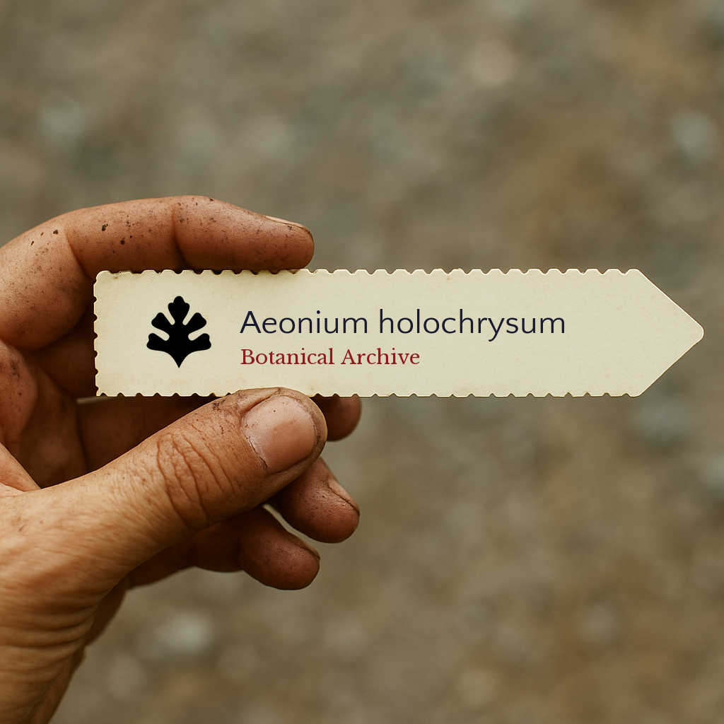 Etichetta stampata per pianta di Aeonium holochrysum tenuta da mano sporca all'aperto