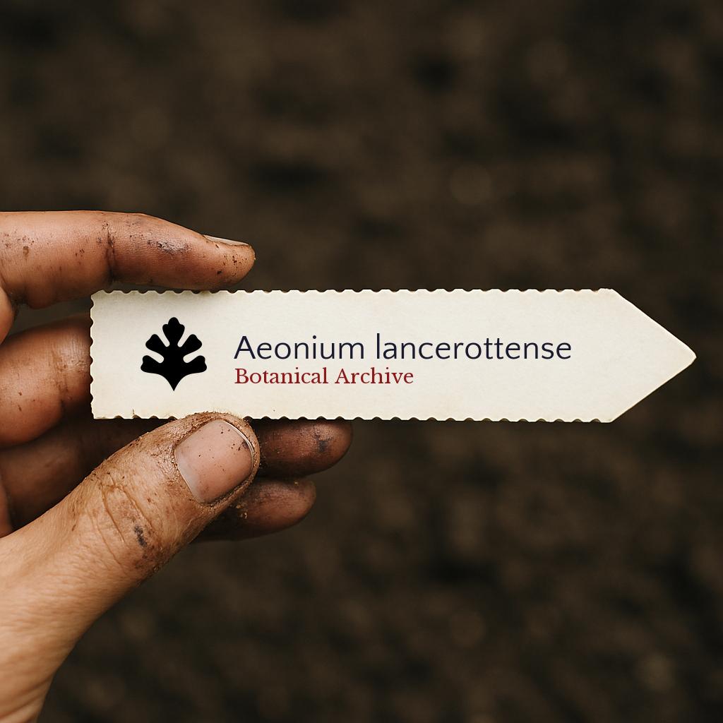 Printed plant label for Aeonium lancerottense held by dirty hand over soil background
