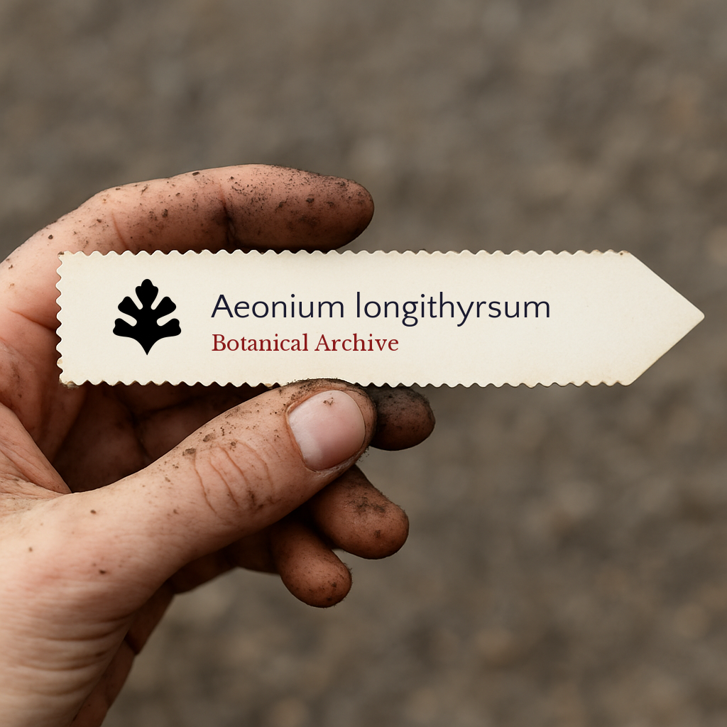 Printed plant label for Aeonium longithyrsum held by a gardener with dirty hands