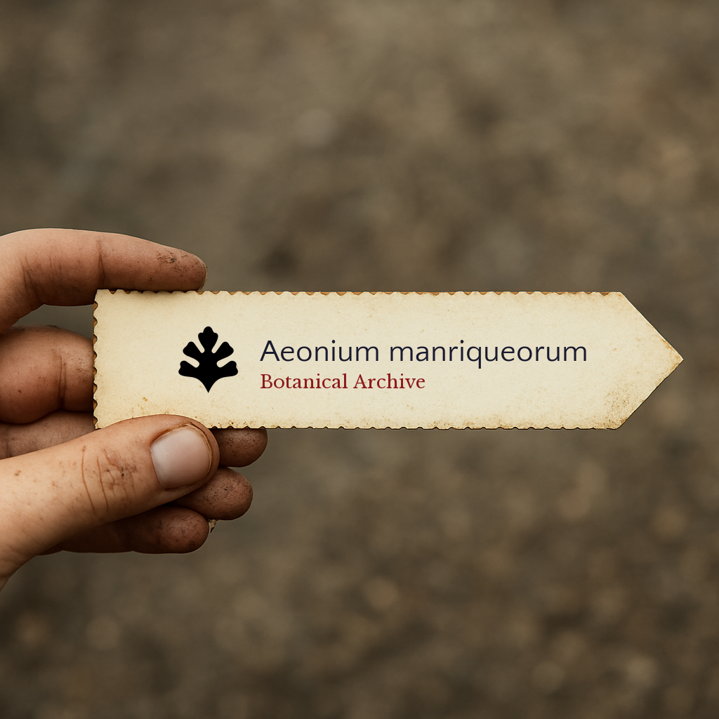 Etichetta per pianta stampata per Aeonium manriqueorum con logo Botanical Archive tenuta a mano