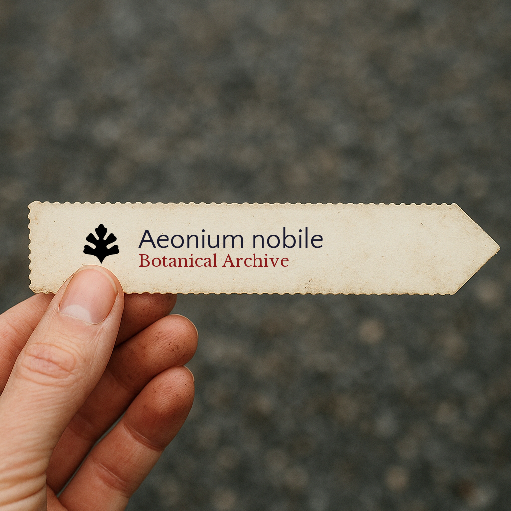 Etichetta per pianta stampata per Aeonium nobile con logo Botanical Archive tenuta a mano