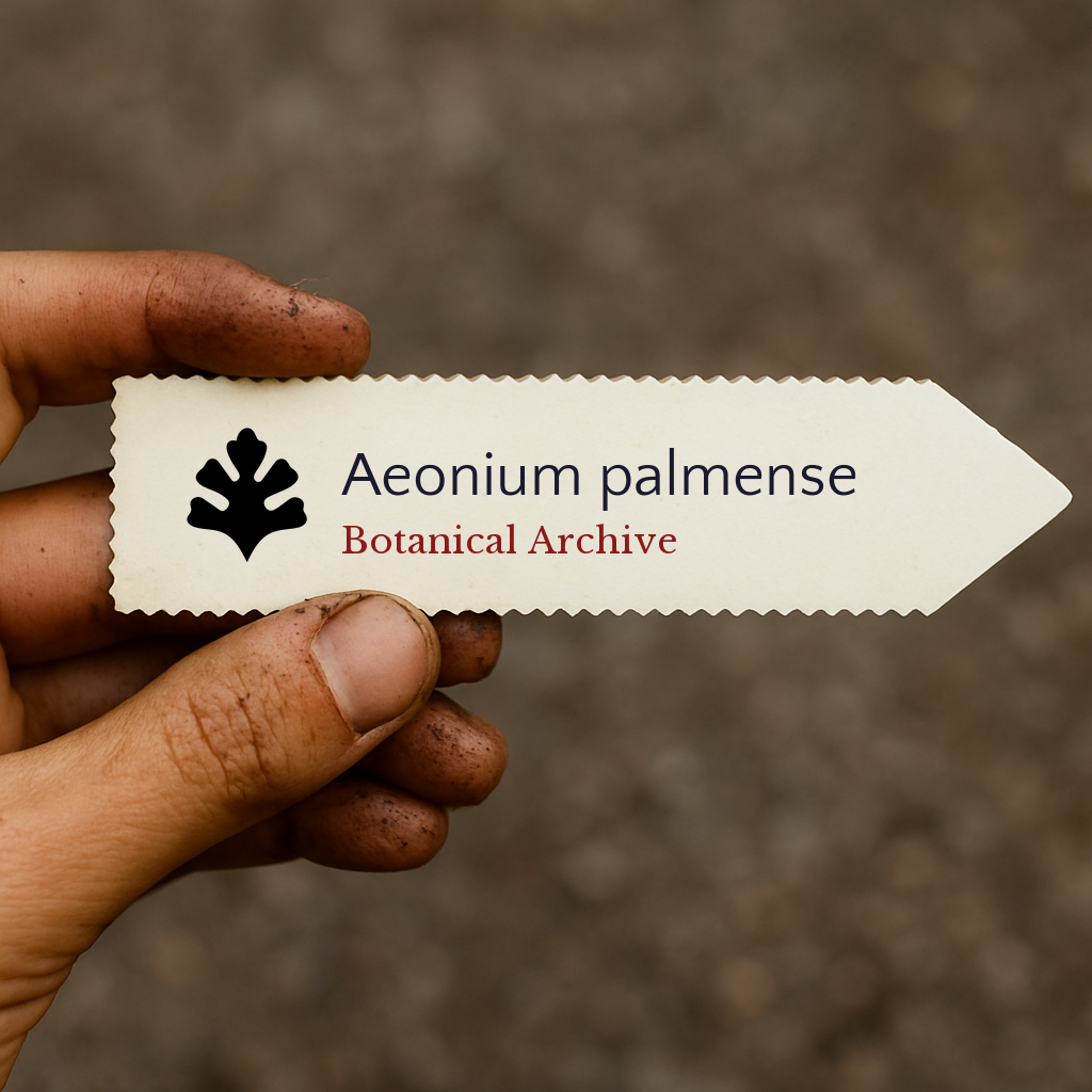 Etichetta stampata per pianta di Aeonium palmense con logo Botanical Archive tenuta da mano sporca