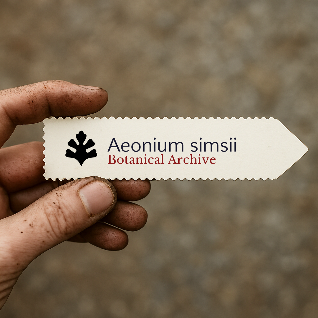 Printed plant label for Aeonium simsii with botanical archive logo held by hand