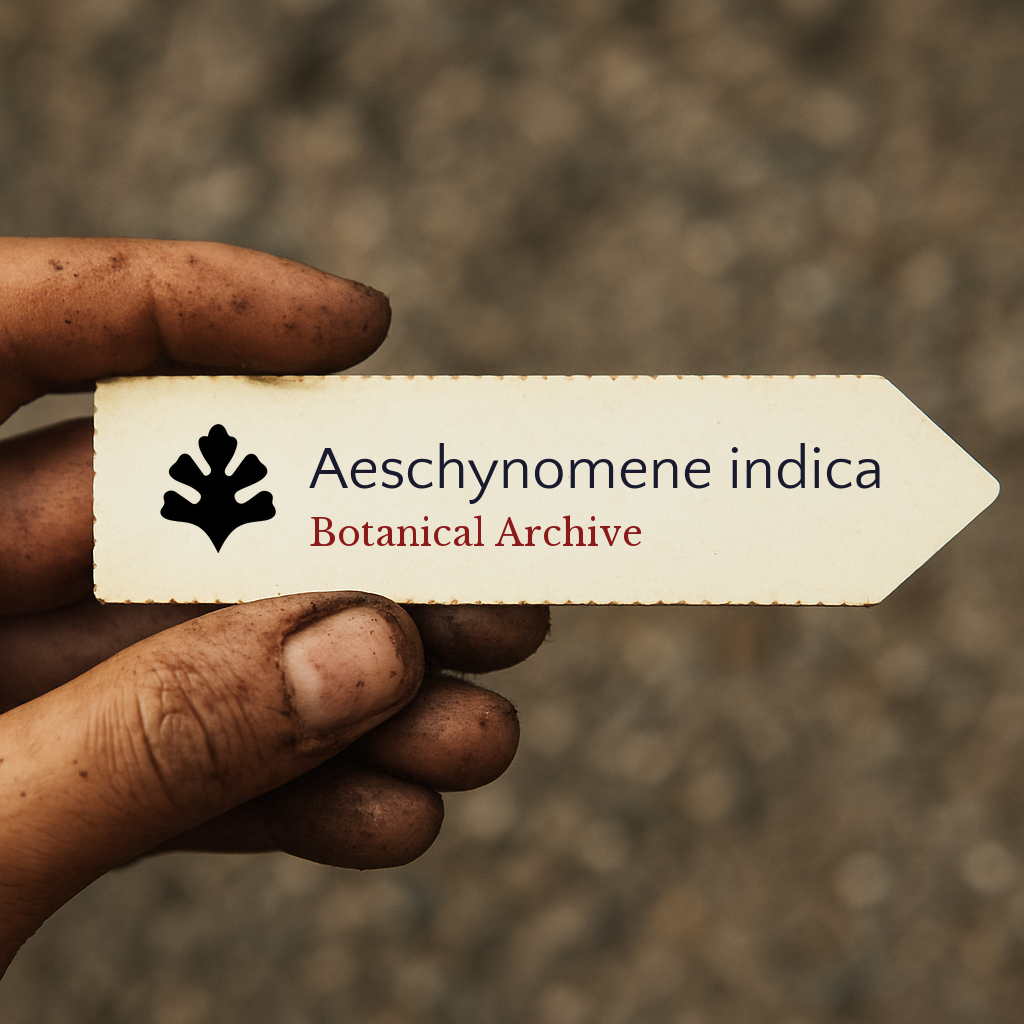 Etichetta per pianta stampata di Aeschynomene indica tenuta da una mano sporca all'aperto