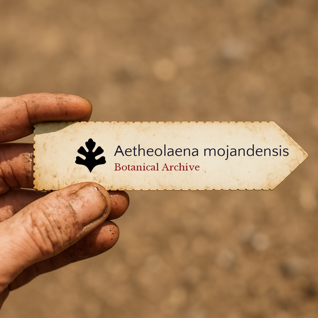 Printed plant label for Aetheolaena mojandensis held by dirty hand outdoors