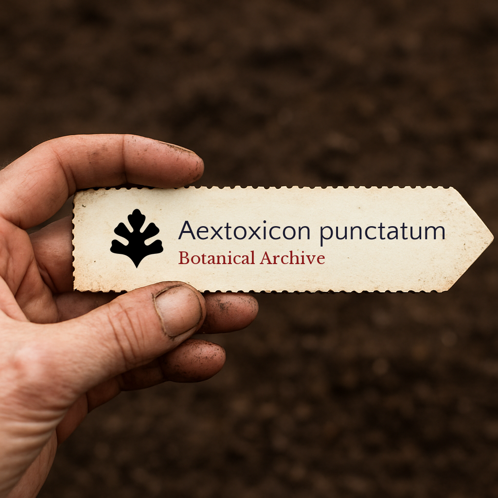 Etichetta stampata per pianta di Aextoxicon punctatum su sfondo di terreno